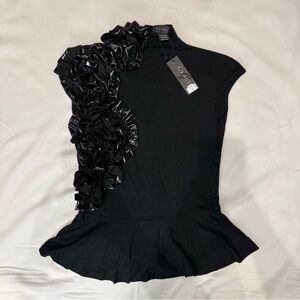 Gracia Black Floral Ruffle Peplum Top – Size Small – New With Tags